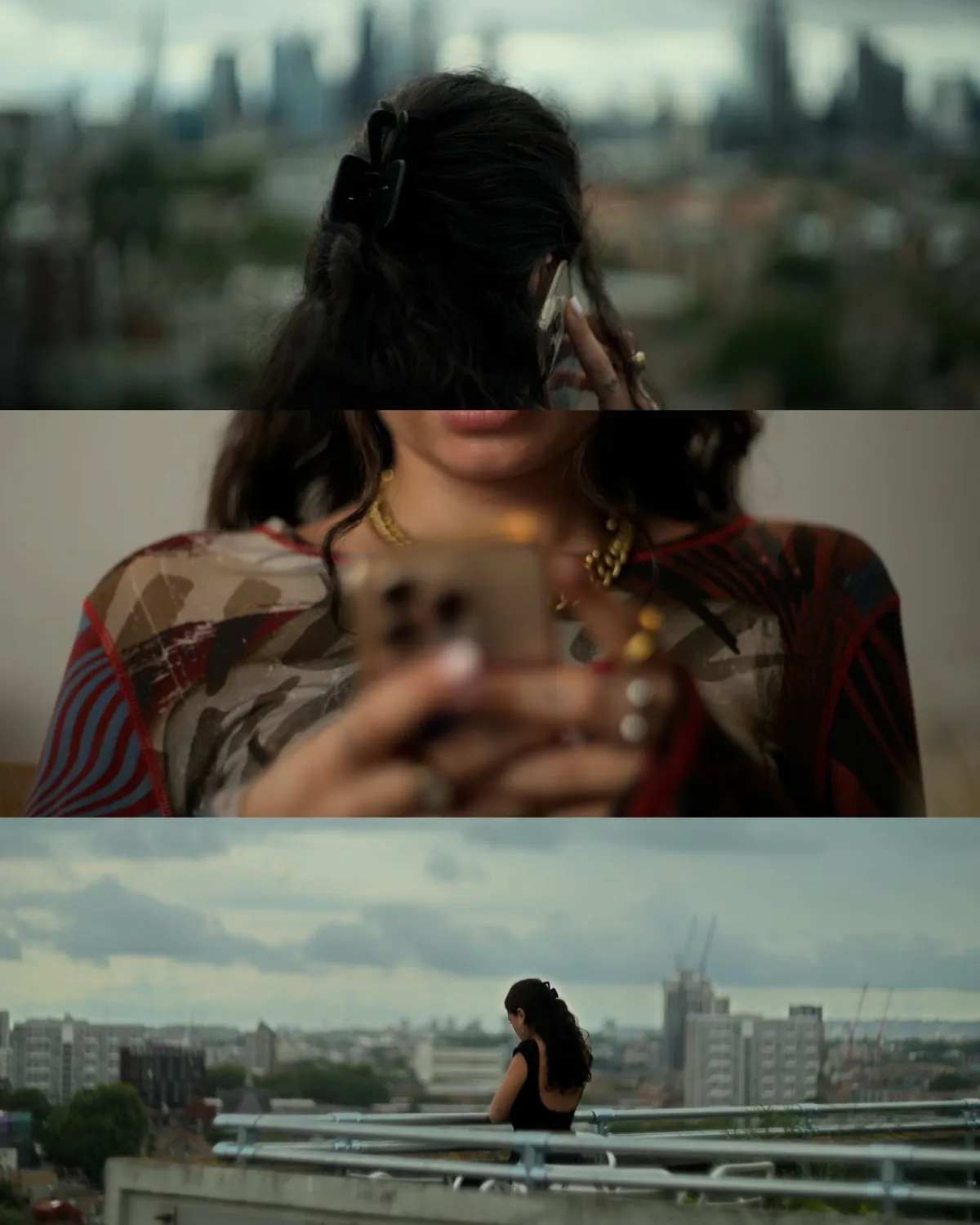 Stills from the film: a woman takes a phone call on a rooftop overlooking the city, a close-up of her phone in her hands and a wider shot from behind as she looks out over London.